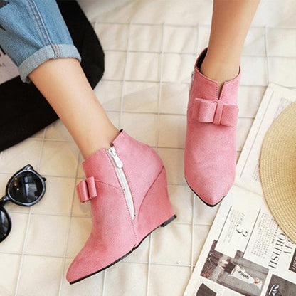 Big Size Butterfly Knot Wedge Heel Zipper Platform Ankle Boots
