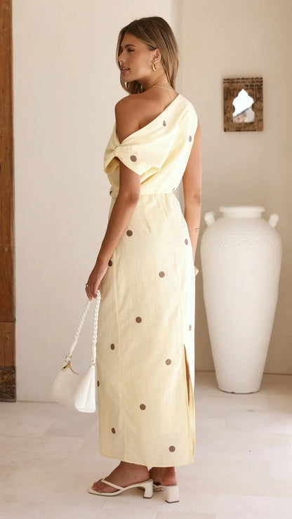 Luci Off Shoulder Maxi Dress - Yellow/Chocolate Polka