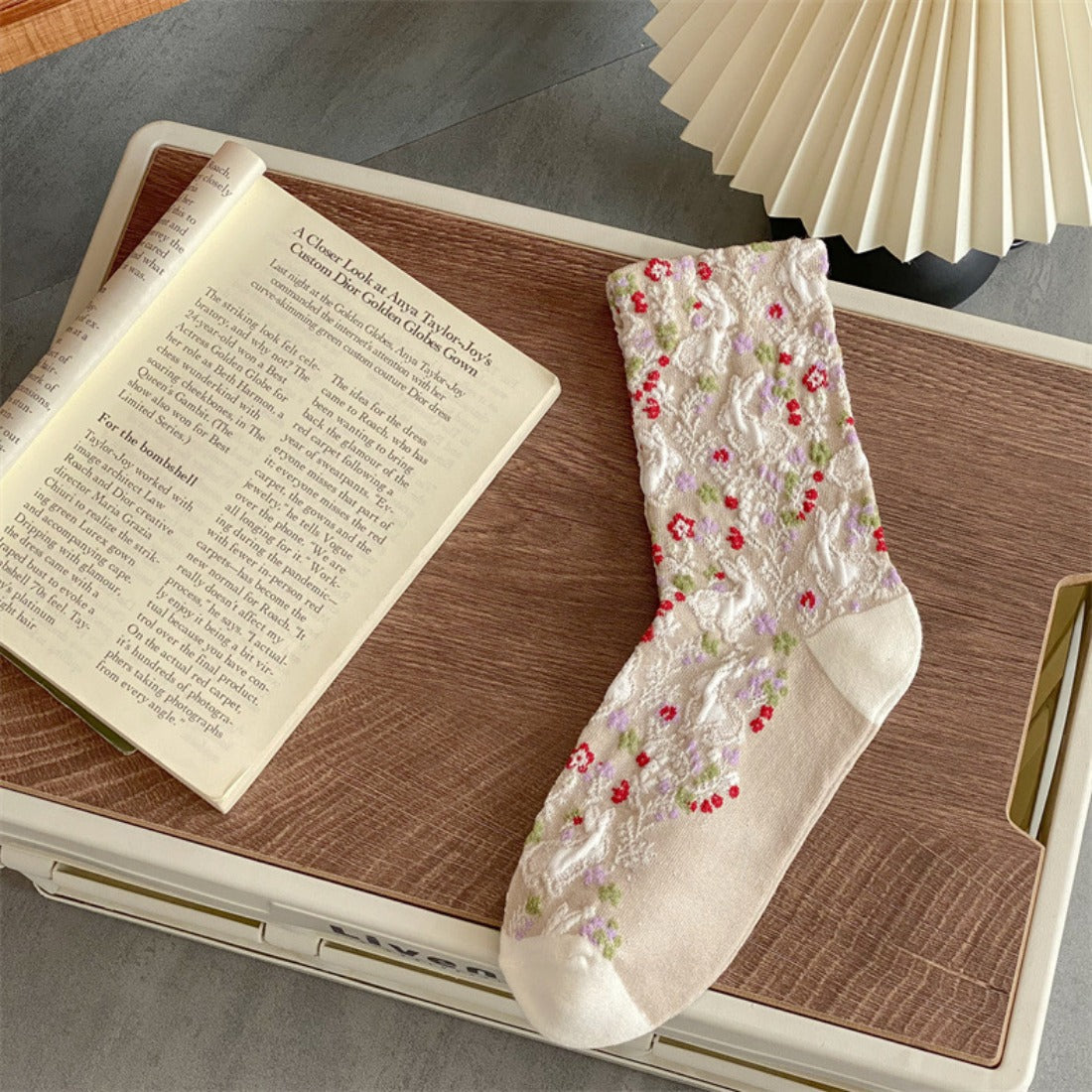 Rufia - Vintage Style Embossed Little Bunny Pattern Mid-Calf Socks