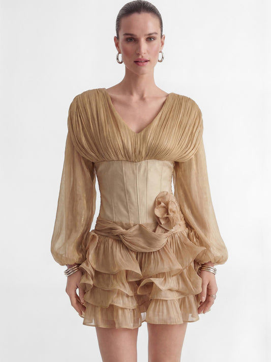 Margot Khaki Corset Bodice Ruffled Mini Dress