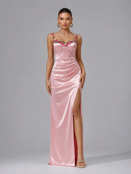 Milana Romantic Contour Pleated Floral Satin Maxi Dress