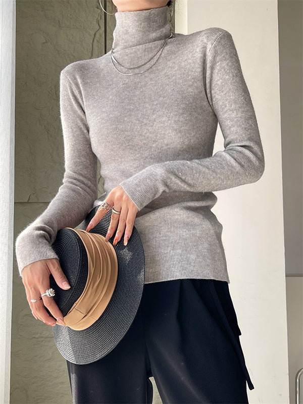 Casual Long Sleeves Skinny Solid Color High-Neck Sweater Tops