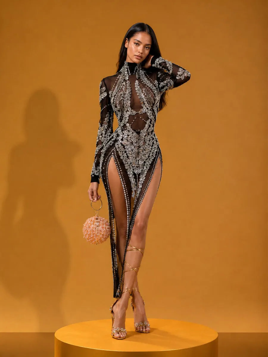 Jazlyn Rhinestone & Sequin Mesh Long-Sleeve Maxi Dress In Black