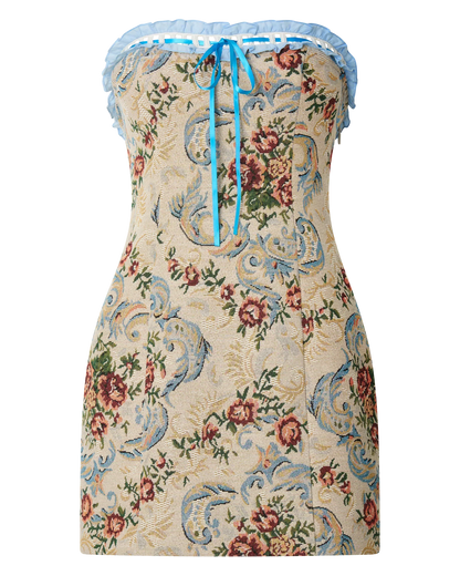 Dana Mini Dress Jacquard Strapless Contrast Trim Bodycon Dress in Cream