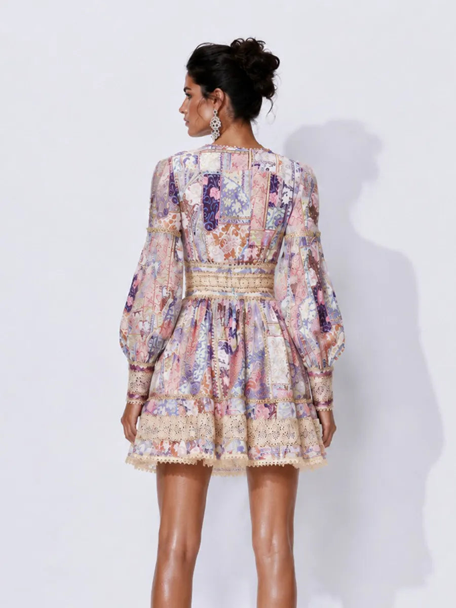 Carmen Lace-Panelled Printed Long-Sleeve Mini Dress