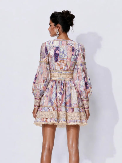 Carmen Lace-Panelled Printed Long-Sleeve Mini Dress