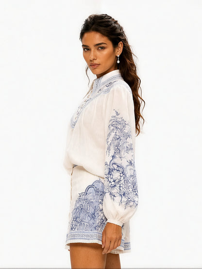 Genevieve Blue and White Porcelain Print Shirt and Shorts Set