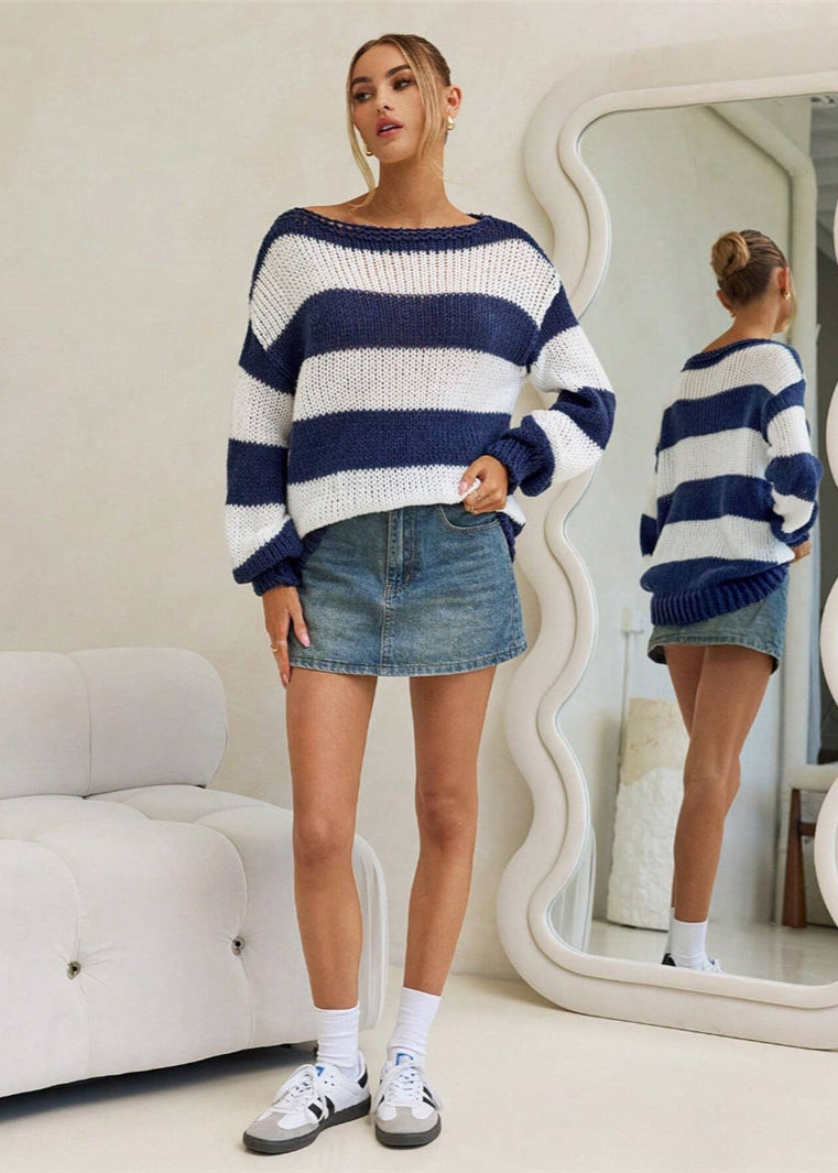 Striped Knit Boat Neck Sweater Navy White
