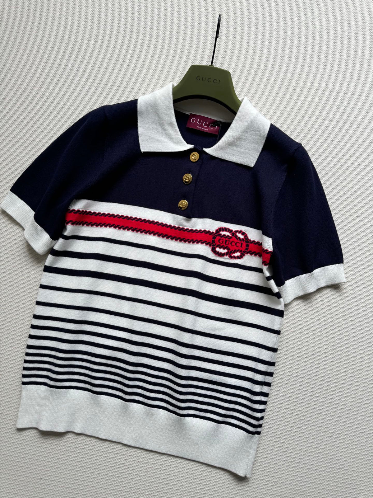 Gucci Striped Polo Knitted Top Dark Blue White Cotton