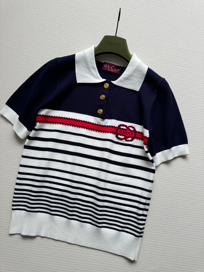Gucci Striped Polo Knitted Top Dark Blue White Cotton