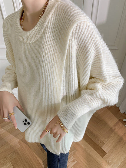 Irregularity Loose Solid Color Batwing Sleeves Round-Neck Sweater Tops