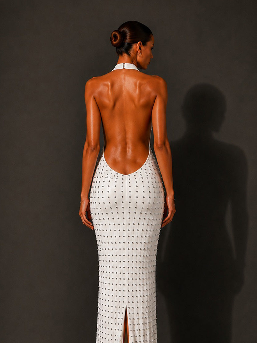 Harper Beaded Halter Backless Maxi Dress