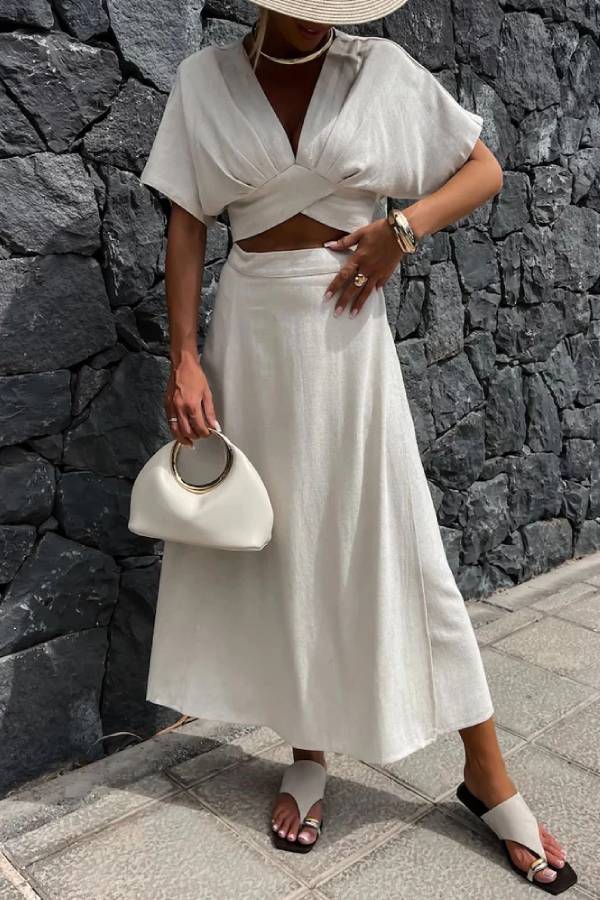 Casual Solid V-Neck Top \u0026 Skirt Two-Piece Set