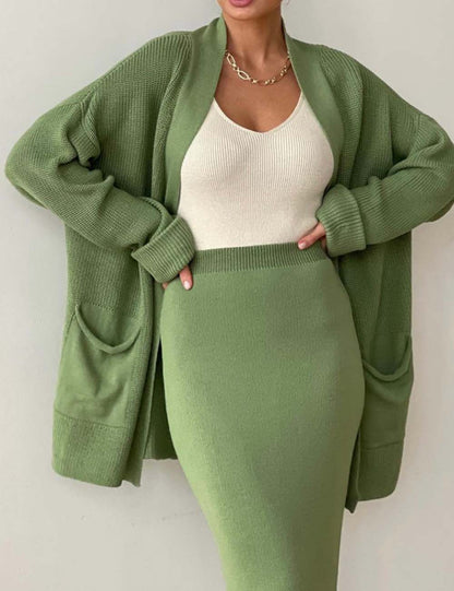 2 Pcs Solid Color Cardigan Sweater Skirt Set