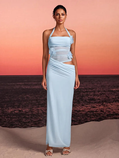 Arielle Halterneck Flower Maxi Dress In Sky