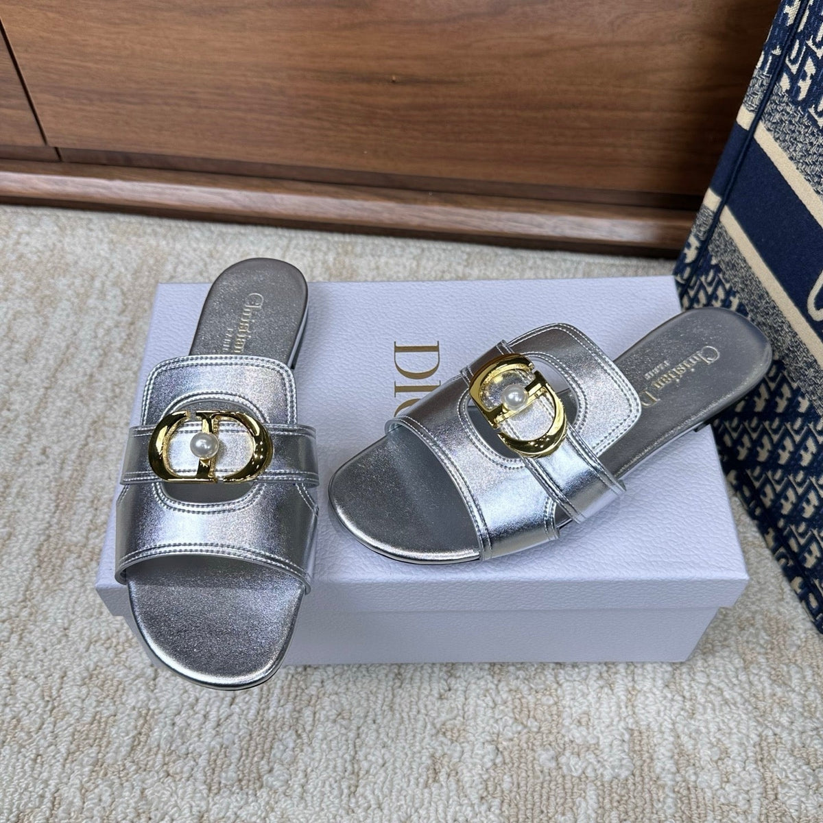 CD Montaigne Sandals Metallic Silver in Calfskin 598166