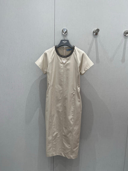 Prada 25 Short-sleeved Dress Beige Tencel Cotton 217659