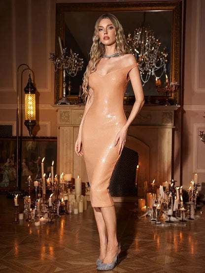 Osama Off Shoulder Sequin Midi Dress