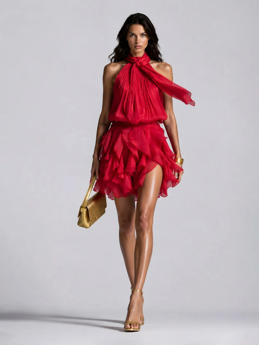 Hailey Ruffled Lace-Up Sleeveless Mini Dress