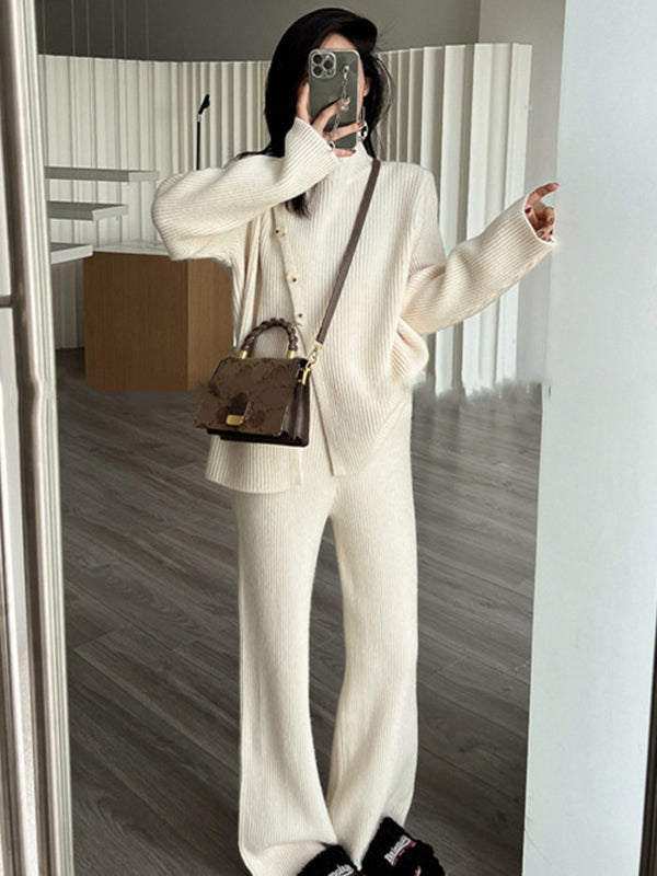 Casual Loose Solid Color Half Turtleneck Sweater Tops & Wide Leg Pants Suits