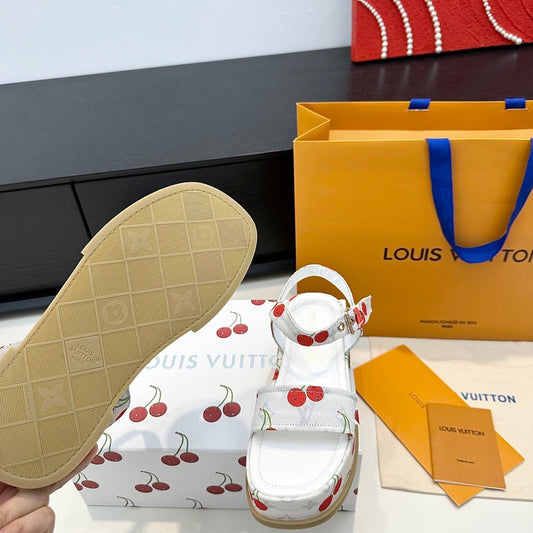 LV Maya Platform Sandals Cherry Motif 6cm White Cowhide Denim 572494
