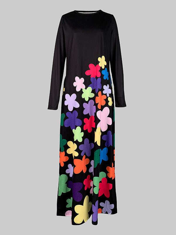 Long Sleeves Asymmetric Floral Round-neck Maxi Dresses
