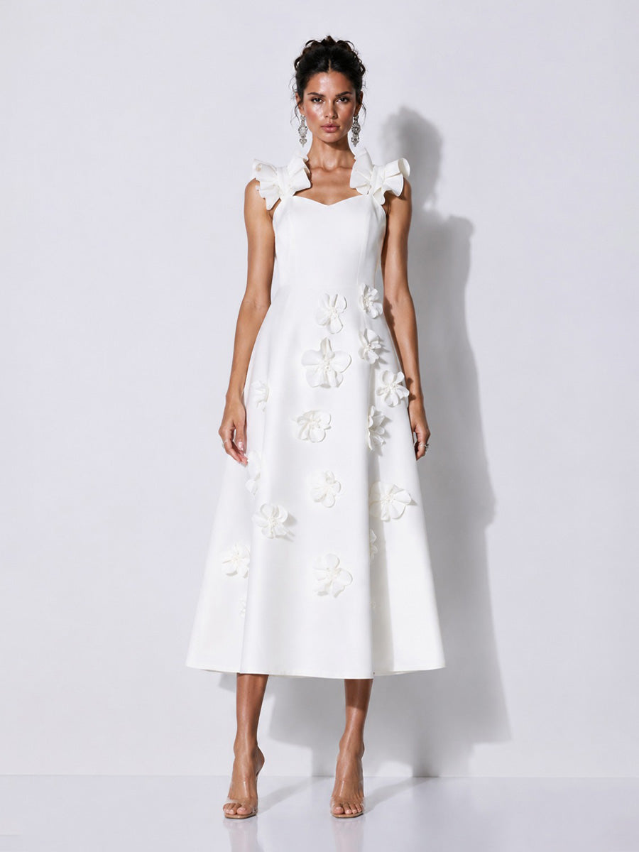Hazel Elegant 3D Floral Ruffle Maxi Dress