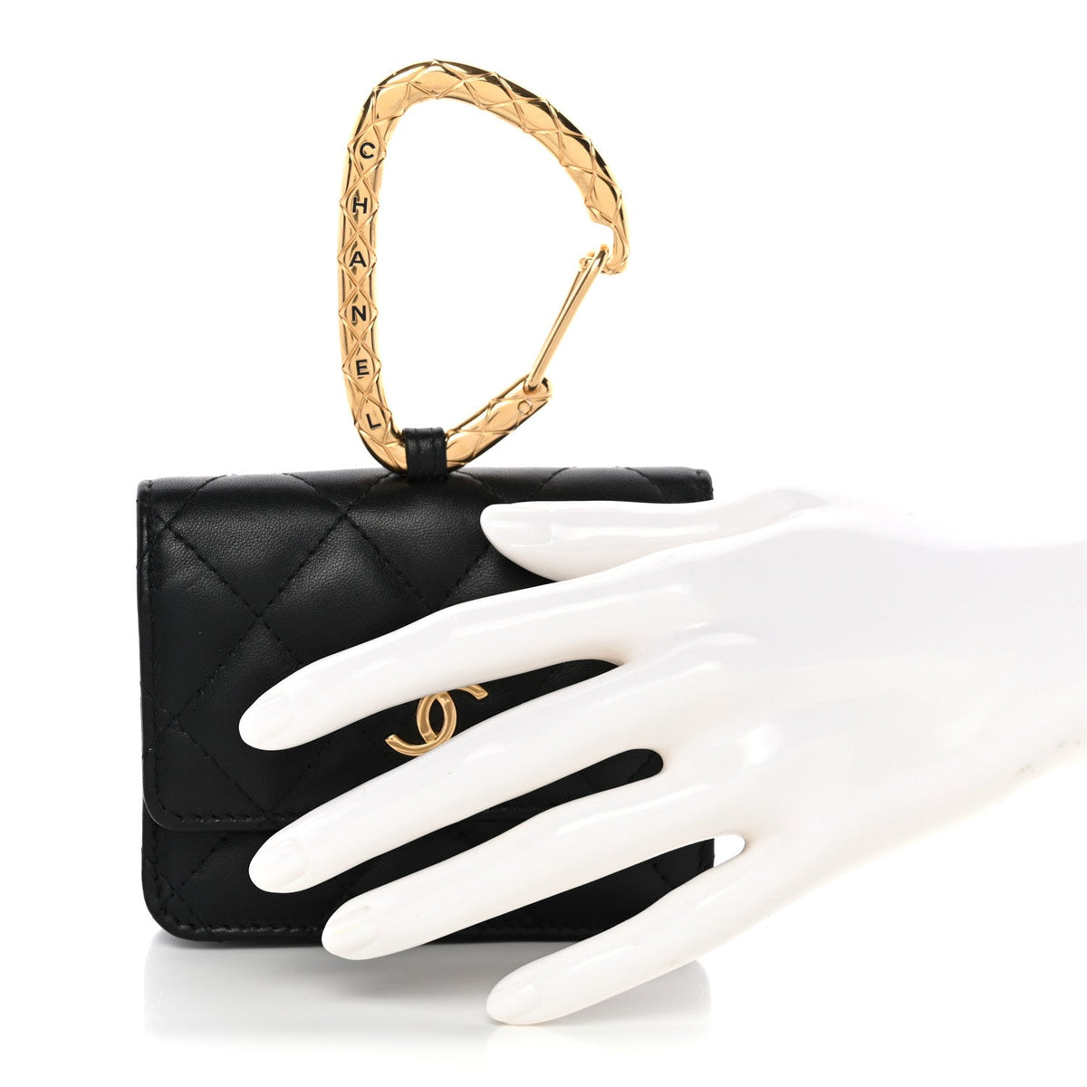 Lambskin Quilted CC Hook Card Holder Black
