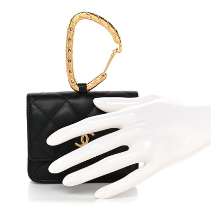 Lambskin Quilted CC Hook Card Holder Black