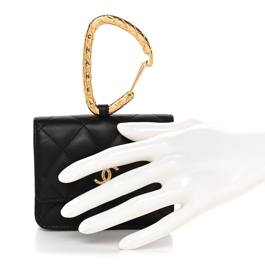 Lambskin Quilted CC Hook Card Holder Black