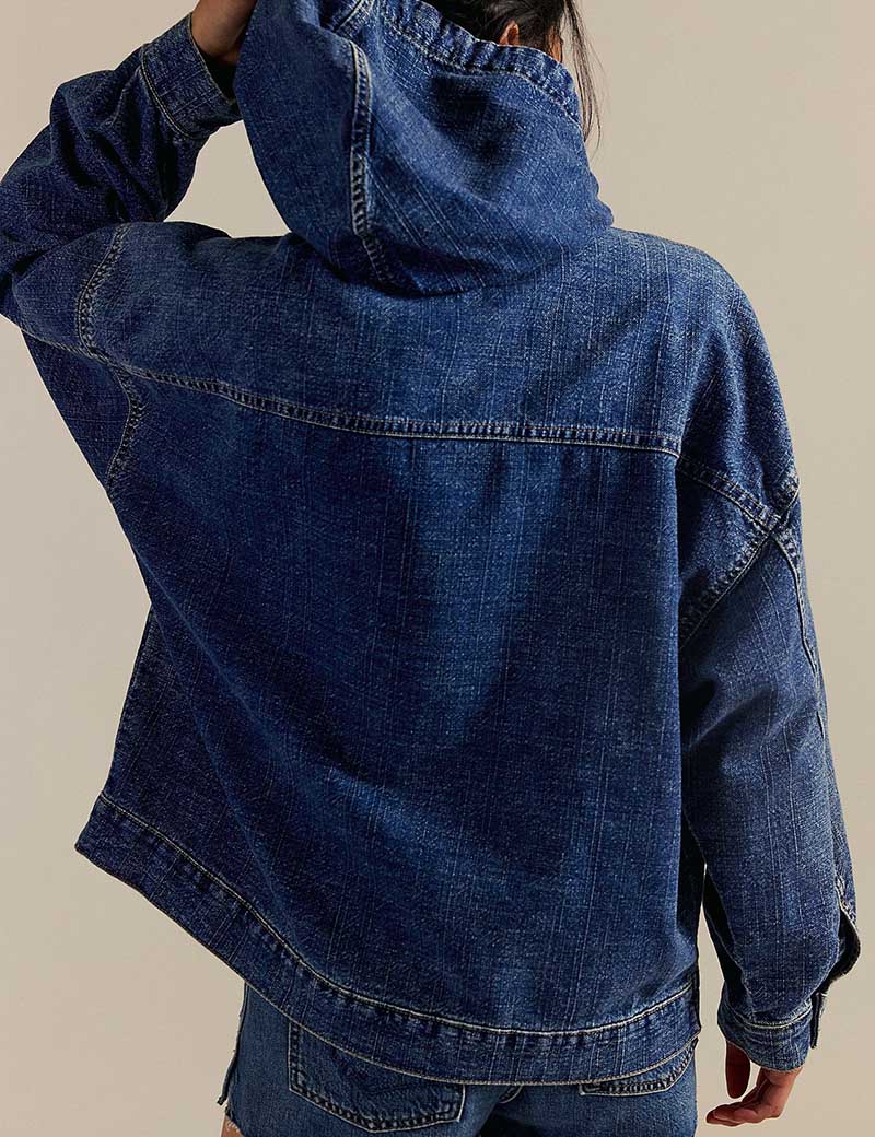 Casual Washed Denim Long Sleeve Hoodie