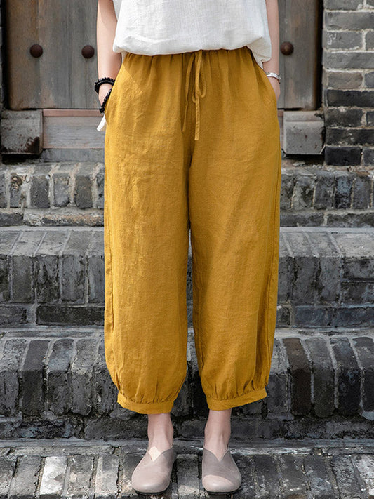 Simple Linen Solid Color Elasticity Waist Loose Knickerbockers&Capri-Pants