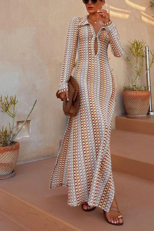 Handmade crocheted hollow low-cut V-neck slit long dress