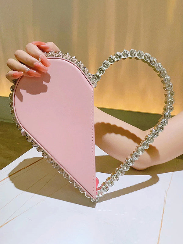 Contrast Color Heart Shape Hollow Rhinestone Zipper Evening Bags