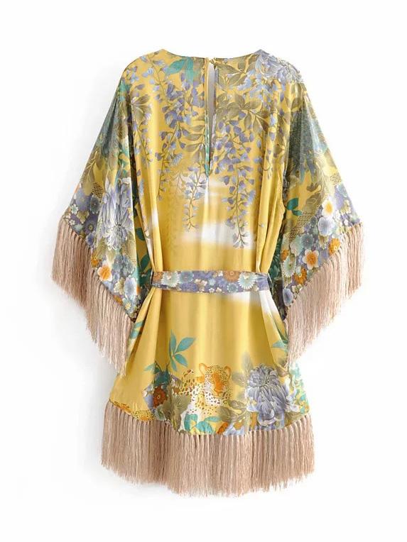 Bohemia V-Neck Printed Tasseled Beach Mini Dress