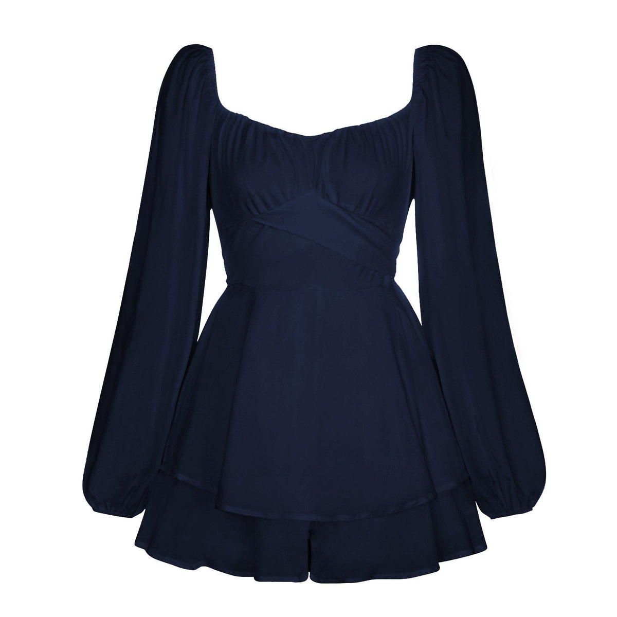 Long Sleeve Square Neck Waist Tie Flare Jumpsuit