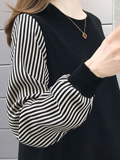 Original Loose Split-Joint 5 Colors Striped Round-Neck Long Sleeves False Two Sweater Top
