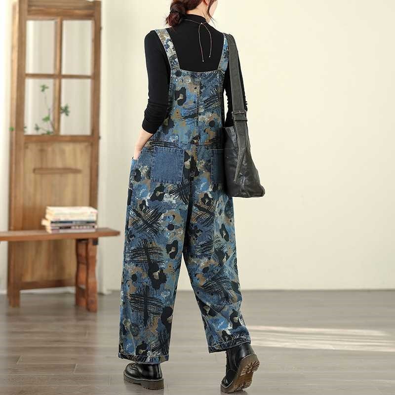 Loose Print Denim Overalls