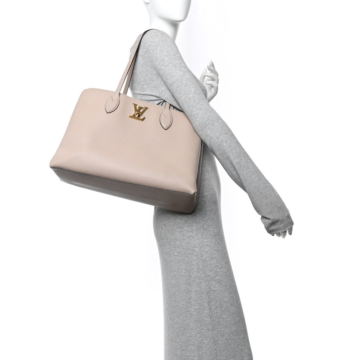 Grained Calfskin Lockme Shopper Greige