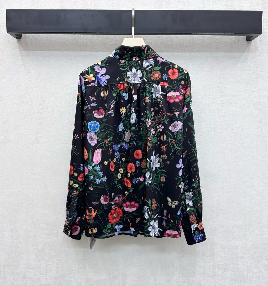 GG SS26 Flora Printed Collared Shirt Black Multicolor Silk 351779