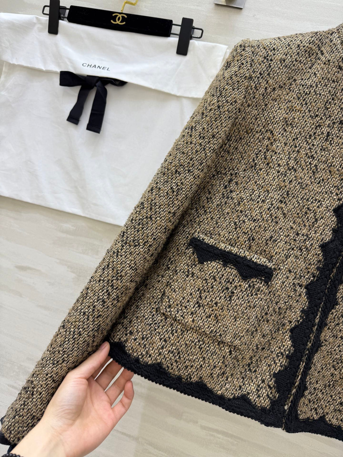 CC 26s Coat 3D Floral Embellished Beige Wool Blend Tweed