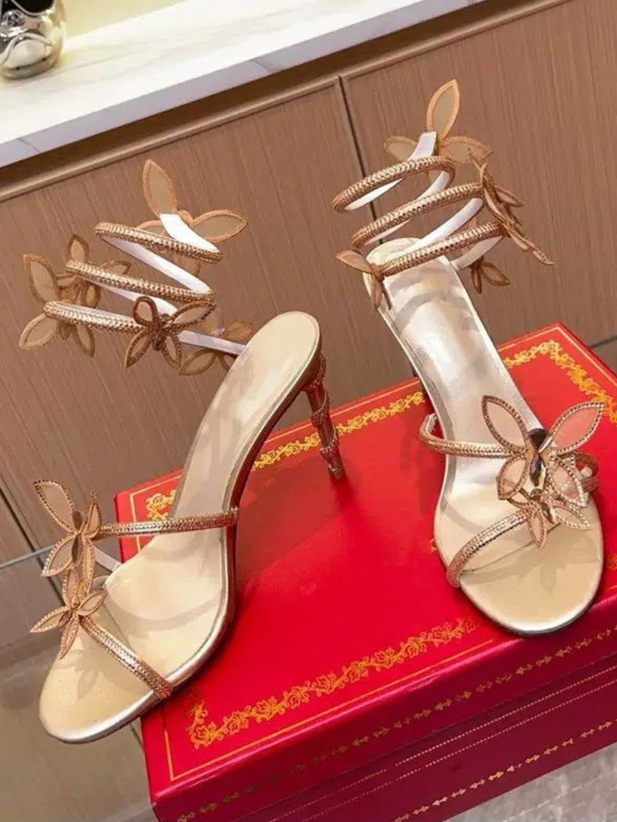 Ramona Rhinestone Stiletto Sandals with Butterfly Embellishment