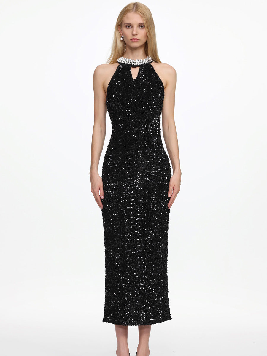 Naomi Elegant Contour Halter Pearl Sequin Maxi Dress