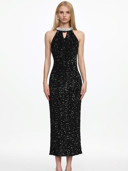 Naomi Elegant Contour Halter Pearl Sequin Maxi Dress