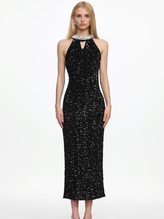 Naomi Elegant Contour Halter Pearl Sequin Maxi Dress