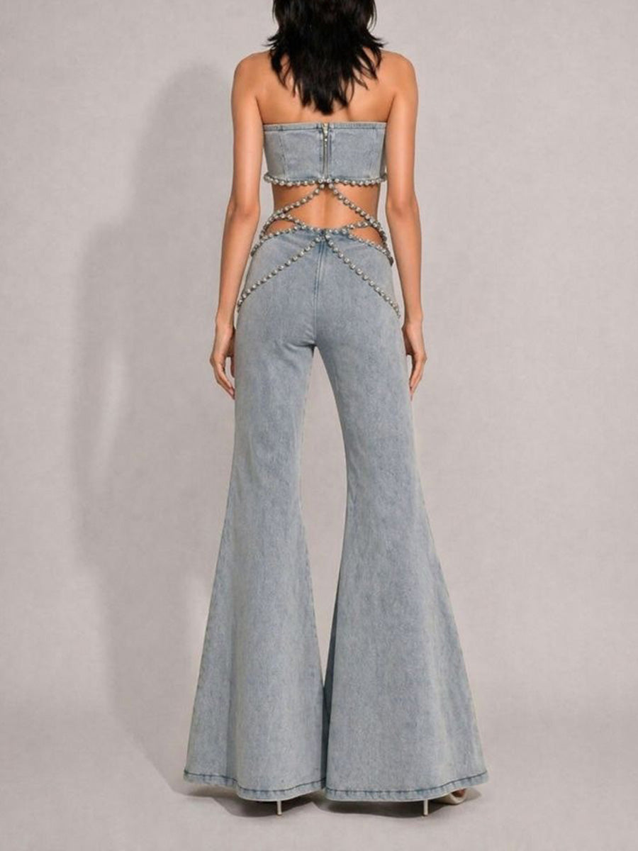 Aislinn Rhinestone-Embellished High-Waisted Denim Two Piece Set