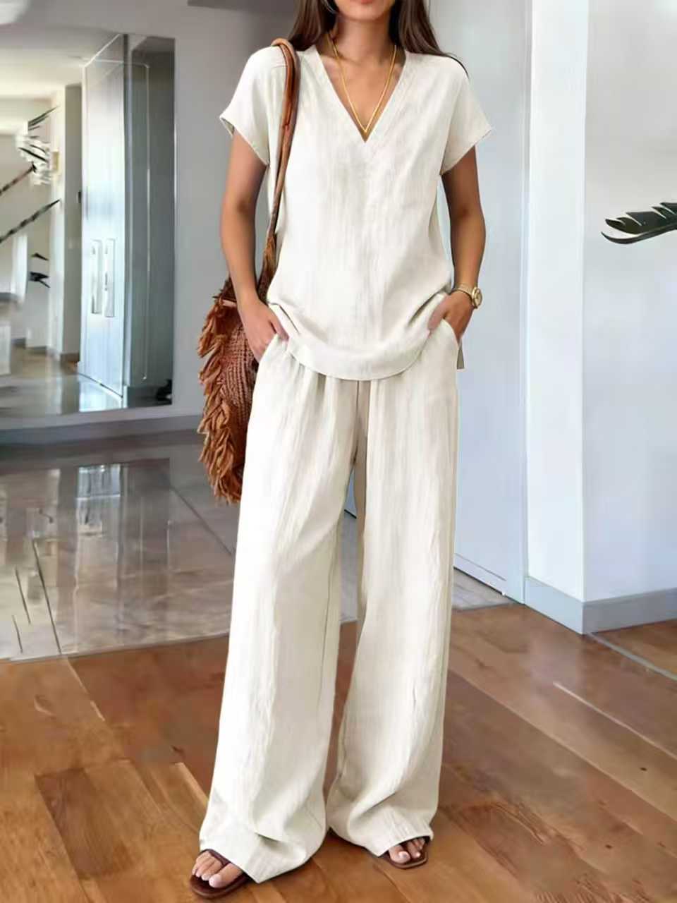 Linen V Neck Cap Sleeve Top & Elastic Waist Wide Leg Pants 2 Piece Co-Ord Set