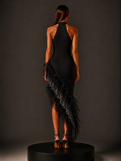 Valentina Asymmetrical Ruffled Hem Sequin Maxi Dress
