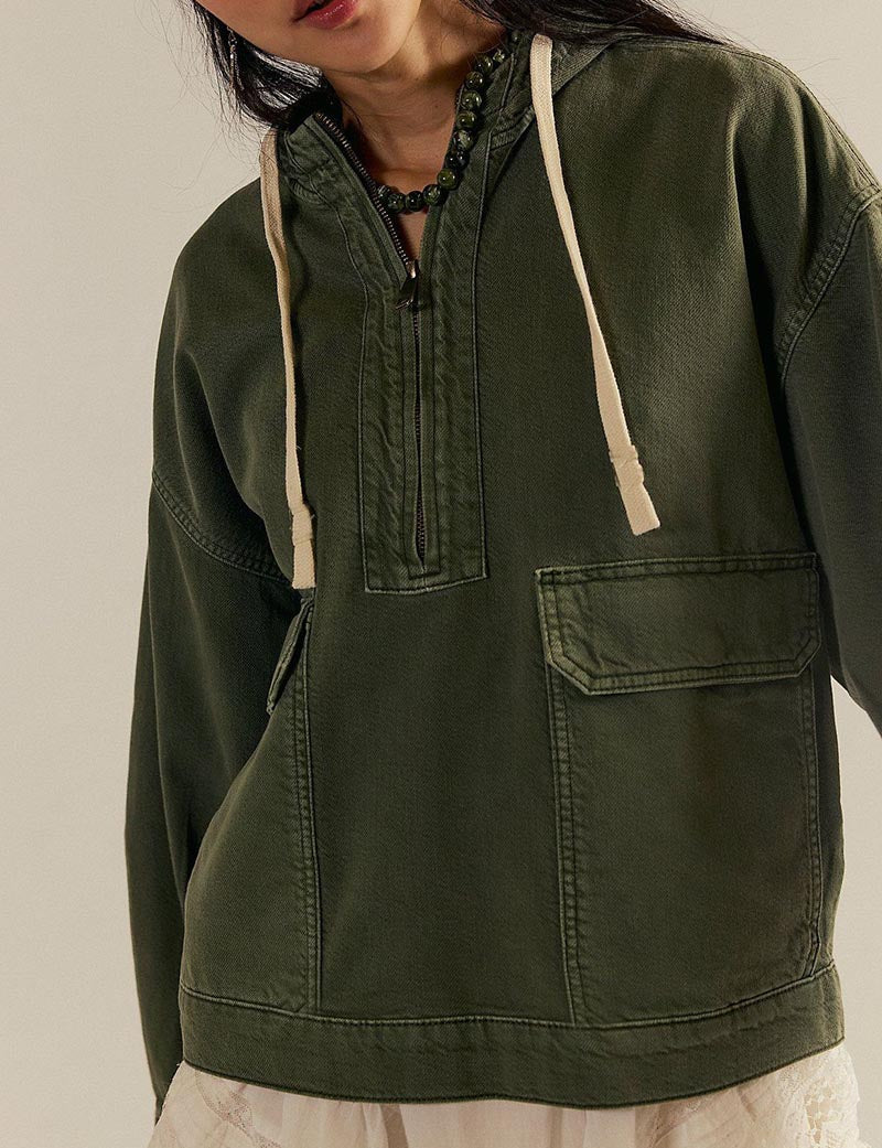 Casual Washed Denim Long Sleeve Hoodie