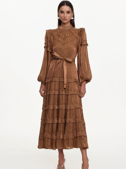Kaia Flowy Long Sleeve Rhinestone Ruffle Woven Maxi Dress